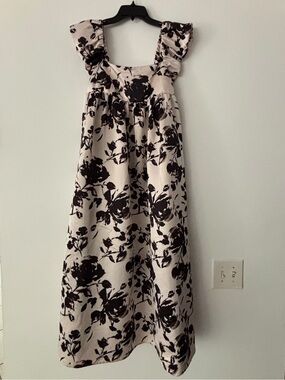 Future Collective Satin Midi Dress S Black Cream Floral Puff Sleeve Square Neck